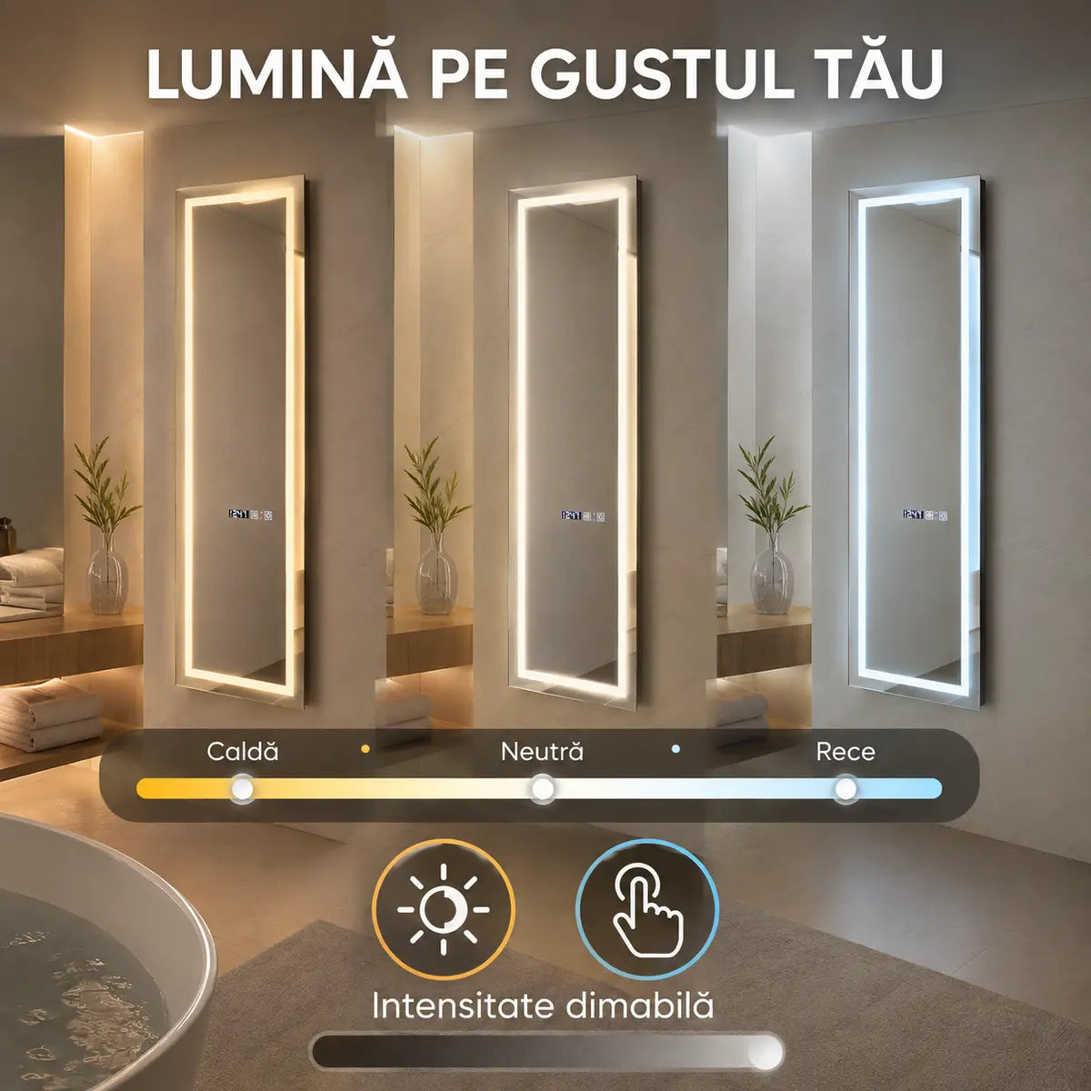 Oglindă LED Giulia – lumină caldă, neutră și rece dimabilă