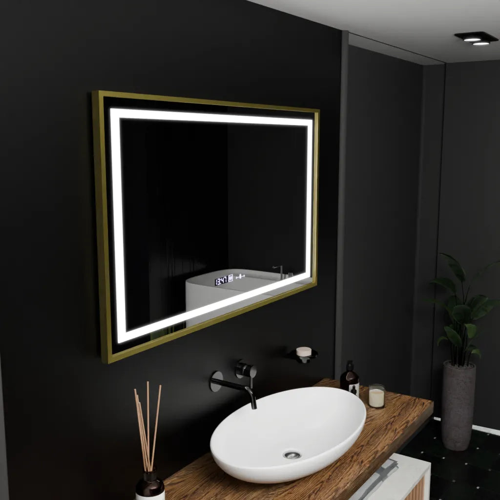Oglinda LED Senzor Levianth, MontioGlow, sistem Dezaburire, Termometru si Ceas, Rama Auriu Periat, 100x80 cm Lumina Rece/Calda/Neutra Dimabila Colectia Marcello Funghi