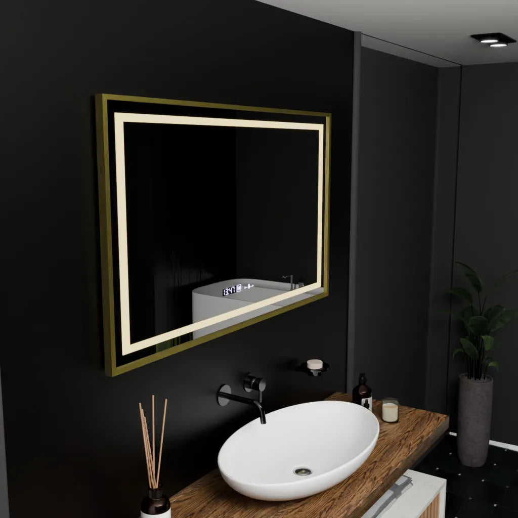Oglinda LED Senzor Levianth, MontioGlow, sistem Dezaburire, Termometru si Ceas, Rama Auriu Periat, 100x80 cm Lumina Rece/Calda/Neutra Dimabila Colectia Marcello Funghi