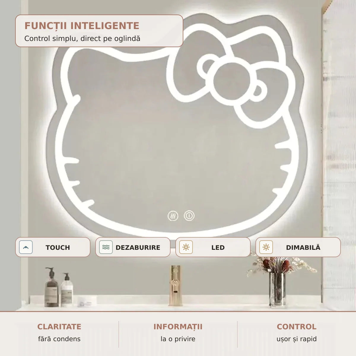 Oglinda LED Kitty - touch dezaburire si lumina dimabila