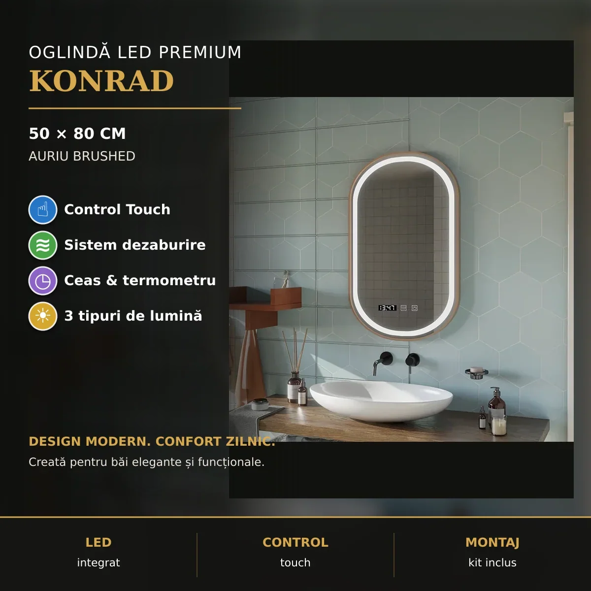 Oglindă LED Konrad Gold 50x80 cm – prezentare premium