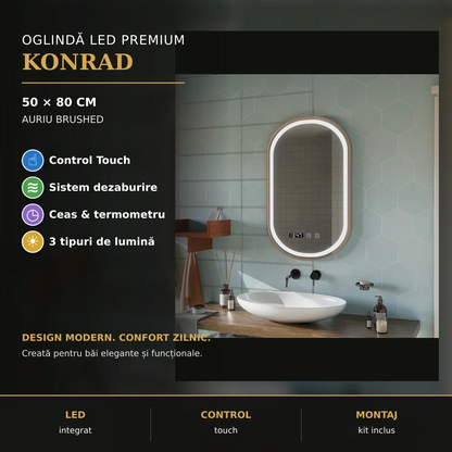 Oglindă LED Konrad Gold 50x80 cm – prezentare premium