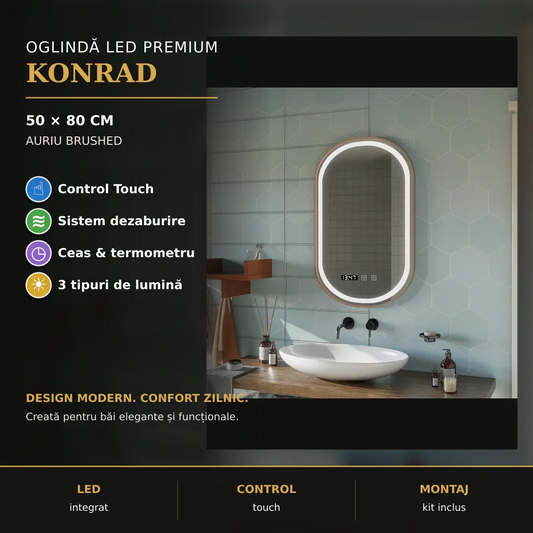 Oglindă LED Konrad Gold 50x80 cm – prezentare premium