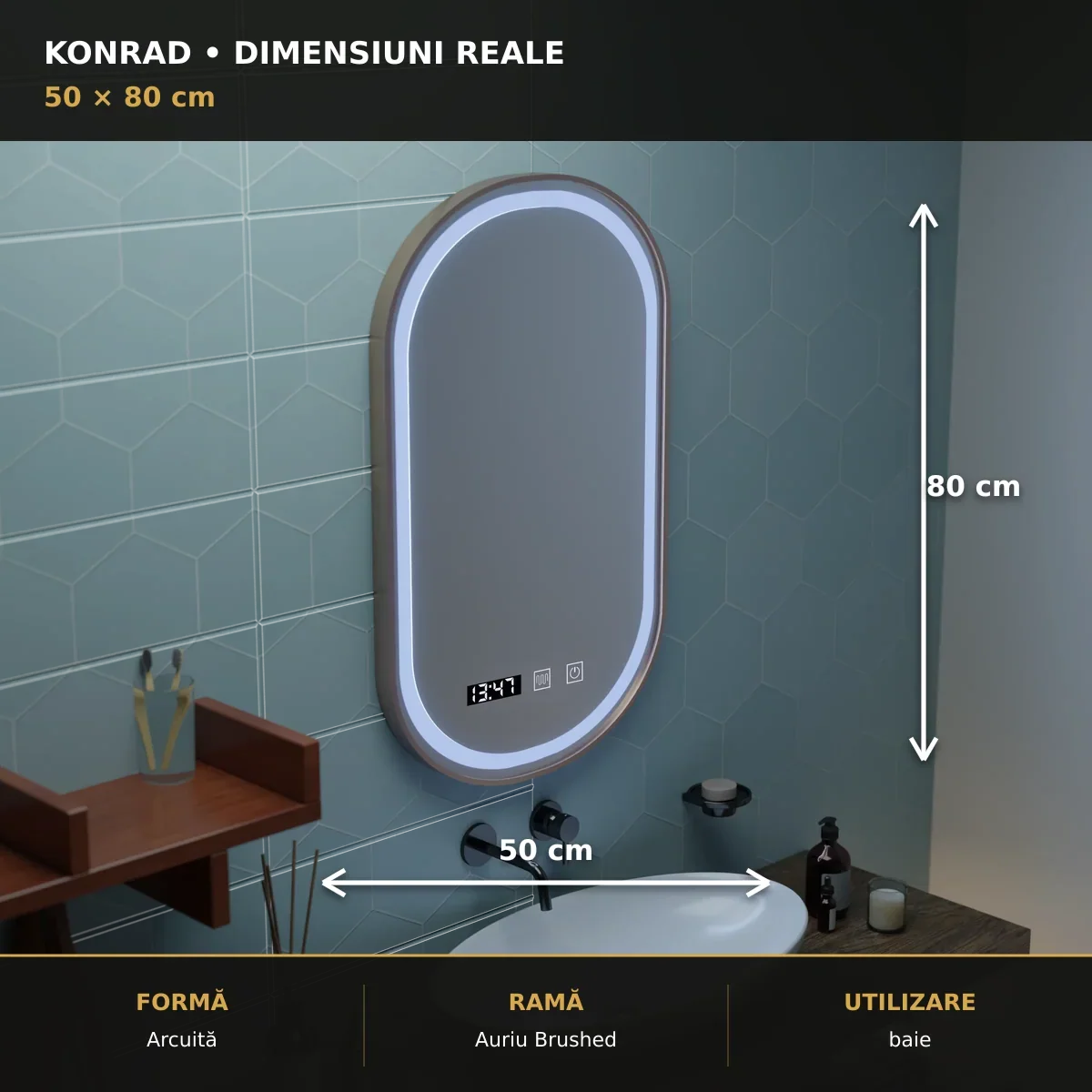 Oglindă LED Konrad Gold 50x80 cm – dimensiuni