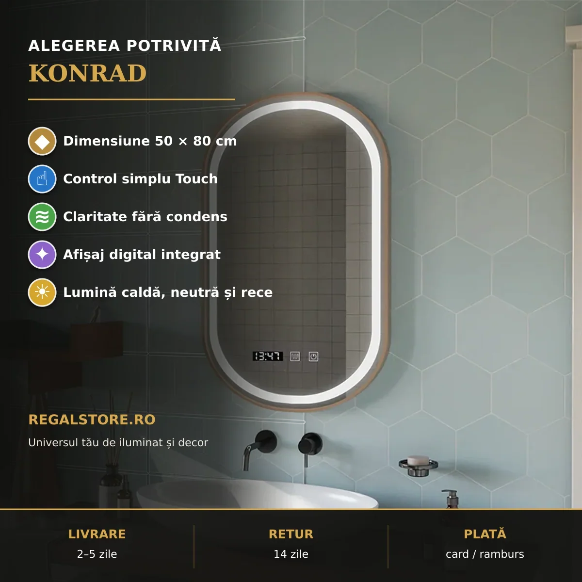 Oglindă LED Konrad Gold 50x80 cm – beneficii