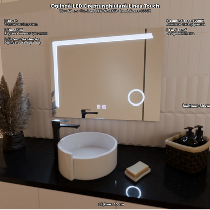 Oglinda LED Rectangulara, 80x60cm, Linea Touch, Sistem Dezaburire, Dimabila