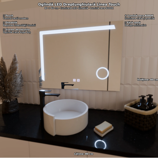 Oglinda LED Rectangulara, 80x60cm, Linea Touch, Sistem Dezaburire, Dimabila