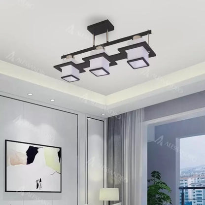 Lustra Clasica Aramis cu Lemn Abajur Patrat 3x E27 Alb Negru