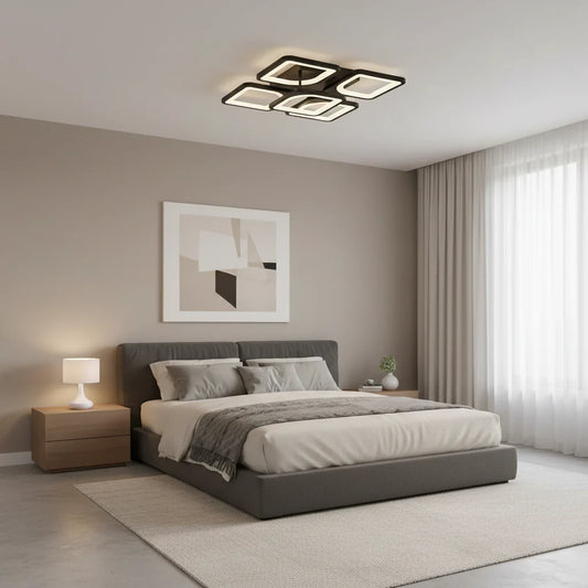 Lustra LED cu Telecomanda, ZOE, 5 Patrate, 66W, Lumina Rece/Calda/Neutra, Dimabila, Negru