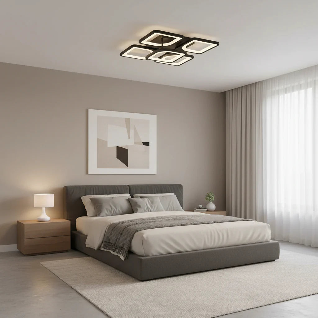 Lustra LED cu telecomanda ZOE 5 Patrate, 68W, Lumina Rece/Calda/Neutra, Dimabila, Negru