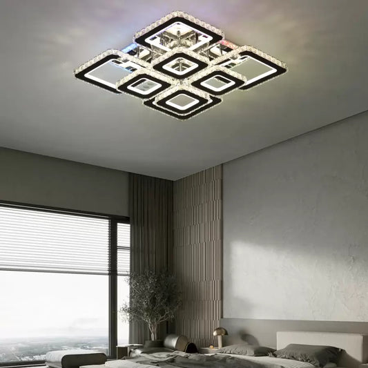 Lustra LED cu telecomanda si cristal QUADRIA SUPREMO RGB, 198W, 8 Patrate, lumina Rece/Calda/Neutra, Dimabila, Crom Lucios