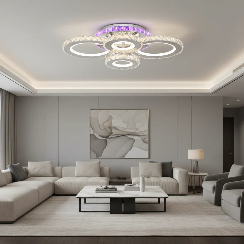 Lustra LED cu telecomanda si cristal NOVA ROTONDA RGB, 72W, 4 Cercuri, lumina Rece/Calda/Neutra, Dimabila, Negru