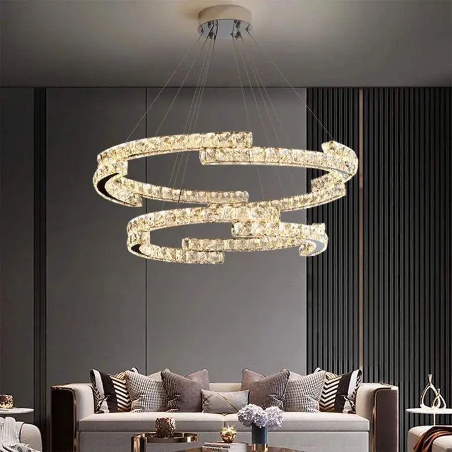 Lustra LED suspendata cu telecomanda si cristal MIA LATIFAH, 70W, 2 Cercuri, lumina Rece/Calda/Neutra, Dimabila, Crom Lucios