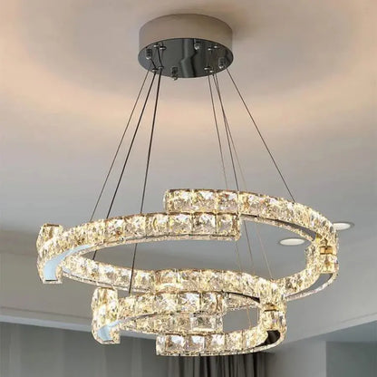 Lustra LED suspendata cu telecomanda si cristal MIA LATIFAH, 70W, 2 Cercuri, lumina Rece/Calda/Neutra, Dimabila, Crom Lucios