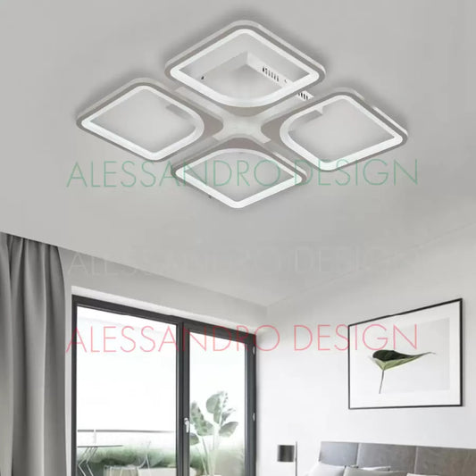 Lustra LED cu Telecomanda, ZOE, 4 Patrate, 52W, Lumina Rece/Calda/Neutra, Dimabila, Alb