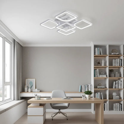 Lustra LED cu telecomanda, ZOE, 5 Patrate, 96W, Lumina Rece/Calda/Neutra, Dimabila, Alb