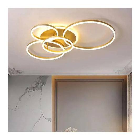 Lustra LED cu Telecomanda LYRA, 220W, 4 Cercuri, Dimabila, Auriu Periat, Lumina Rece/Calda/Neutra