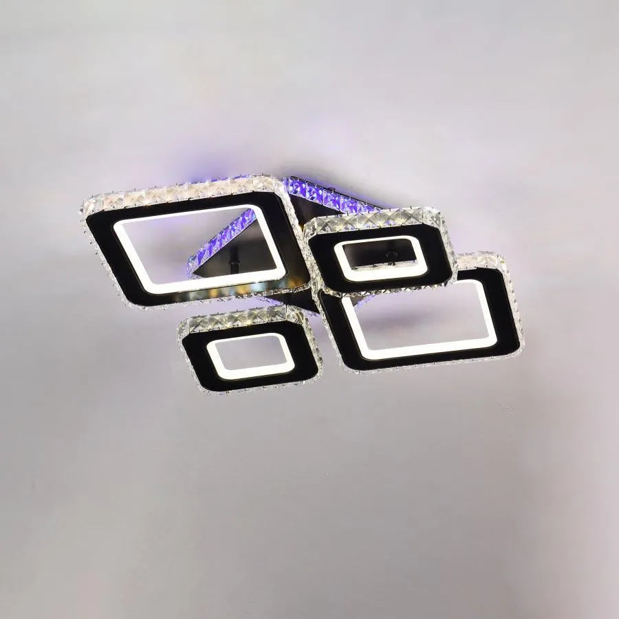 Lustra LED TERRANO cu Cristale, 4 Patrate, RGB, cu Telecomanda, 162W, Negru & Inox