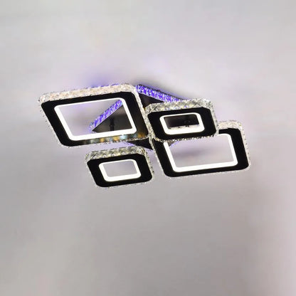 Lustra LED TERRANO cu Cristale, 4 Patrate, RGB, cu Telecomanda, 162W, Negru & Inox