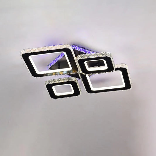 Lustra LED TERRANO cu Cristale, 4 Patrate, RGB, cu Telecomanda, 162W, Negru & Inox