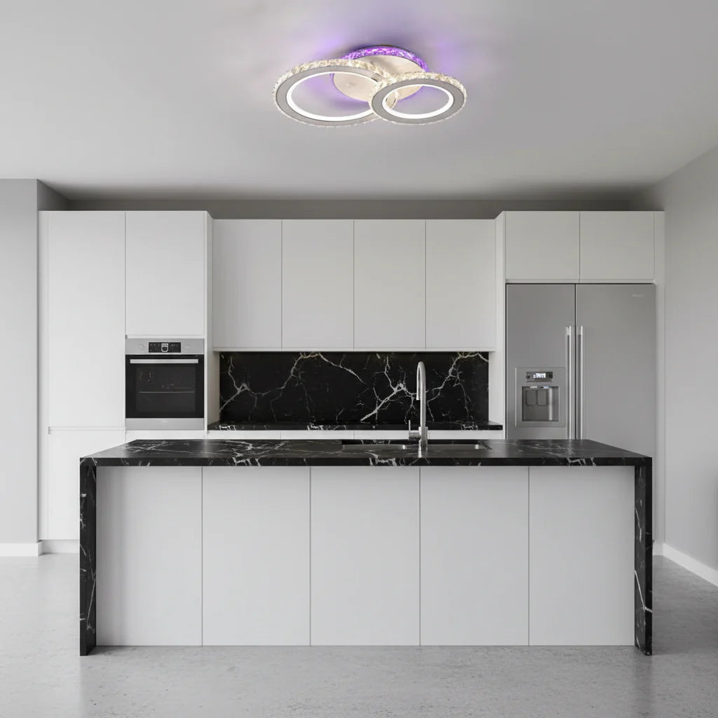 Lustra LED cu telecomanda si cristal NOVA ROTONDA RGB, 43W, 2 Cercuri, lumina Rece/Calda/Neutra, Dimabila, Alb