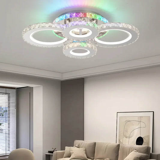 Lustra LED cu telecomanda si cristal NOVA ROTONDA RGB, 72W, 4 Cercuri, lumina Rece/Calda/Neutra, Dimabila, Negru