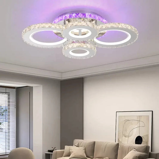 Lustra LED NOVA Rotonda cu Cristale, 4 Surse de Lumina, RGB, cu Telecomanda, 72W, Crom Lucios