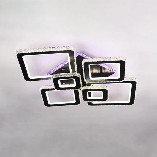 Lustra LED TERRANO cu Cristale, 6 Patrate, RGB, cu Telecomanda, 288W, Negru & Inox