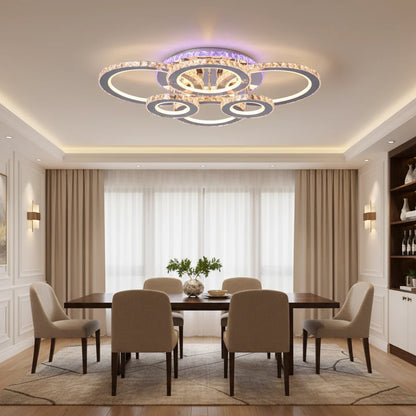 Lustra LED cu telecomanda si cristal NOVA ROTONDA RGB, 152W, 6 Cercuri, lumina Rece/Calda/Neutra, Dimabila, Crom Lucios