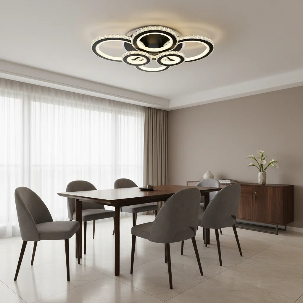 Lustra LED cu telecomanda si cristal NOVA ROTONDA RGB, 154W, 6 Cercuri, lumina Rece/Calda/Neutra, Dimabila, Negru
