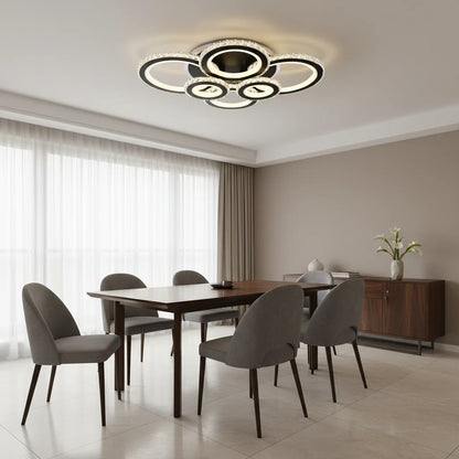 Lustra LED cu telecomanda si cristal NOVA ROTONDA RGB, 154W, 6 Cercuri, lumina Rece/Calda/Neutra, Dimabila, Negru