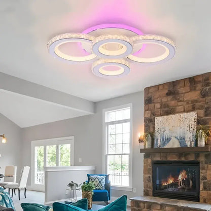 Lustra LED NOVA Rotonda cu Cristale, 4 Surse de Lumina, RGB, cu Telecomanda, 68W, Alb & Inox