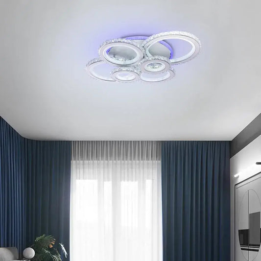 Lustra LED NOVA Rotonda cu Cristale, 6 Surse de Lumina, RGB, cu Telecomanda, 154W, Alb & Inox