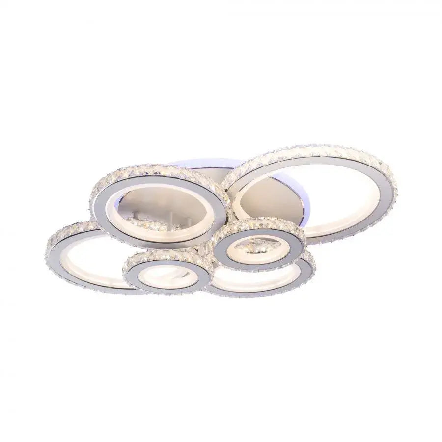 Lustra LED NOVA Rotonda cu Cristale, 6 Surse de Lumina, RGB, cu Telecomanda, 154W, Alb & Inox