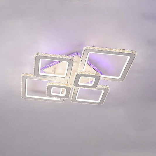 Lustra LED TERRANO cu Cristale, 6 Patrate, RGB, cu Telecomanda, 288W, Alb & Inox