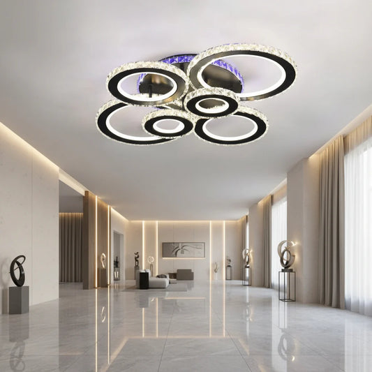 Lustra LED cu telecomanda si cristal NOVA ROTONDA RGB, 154W, 6 Cercuri, lumina Rece/Calda/Neutra, Dimabila, Negru