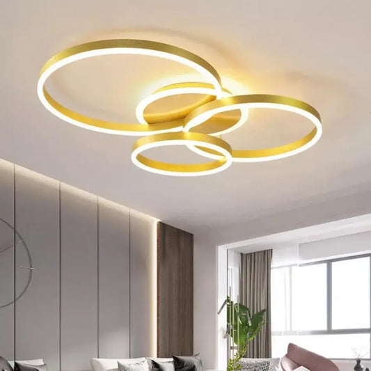 Lustra LED cu Telecomanda LYRA, 100W, 3 Cercuri, Dimabila, Auriu Periat, Lumina Rece/Calda/Neutra
