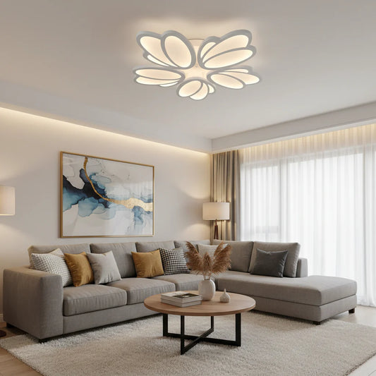Lustra LED cu telecomanda TULIP, 73W, 5 Petale, lumina Rece/Calda/Neutra, Dimabila, Alb