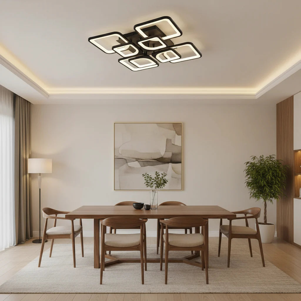 Lustra LED cu telecomanda ZOE, 8 Patrate, 130W, Lumina Rece/Calda/Neutra, Dimabila, Negru