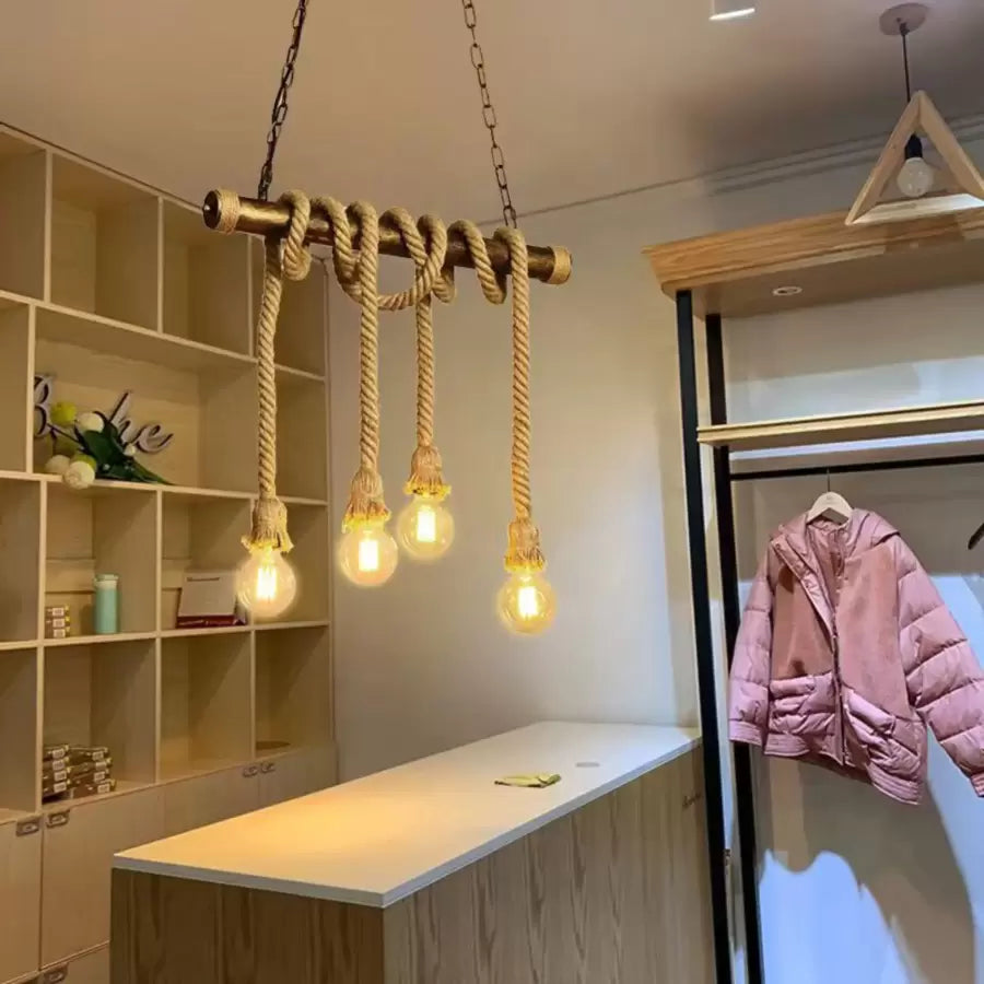 Lustra Vintage cu Franghie PEDRO, 4 x E27 Lemn Inchis – lustră LED – RegalStore, iluminat interior