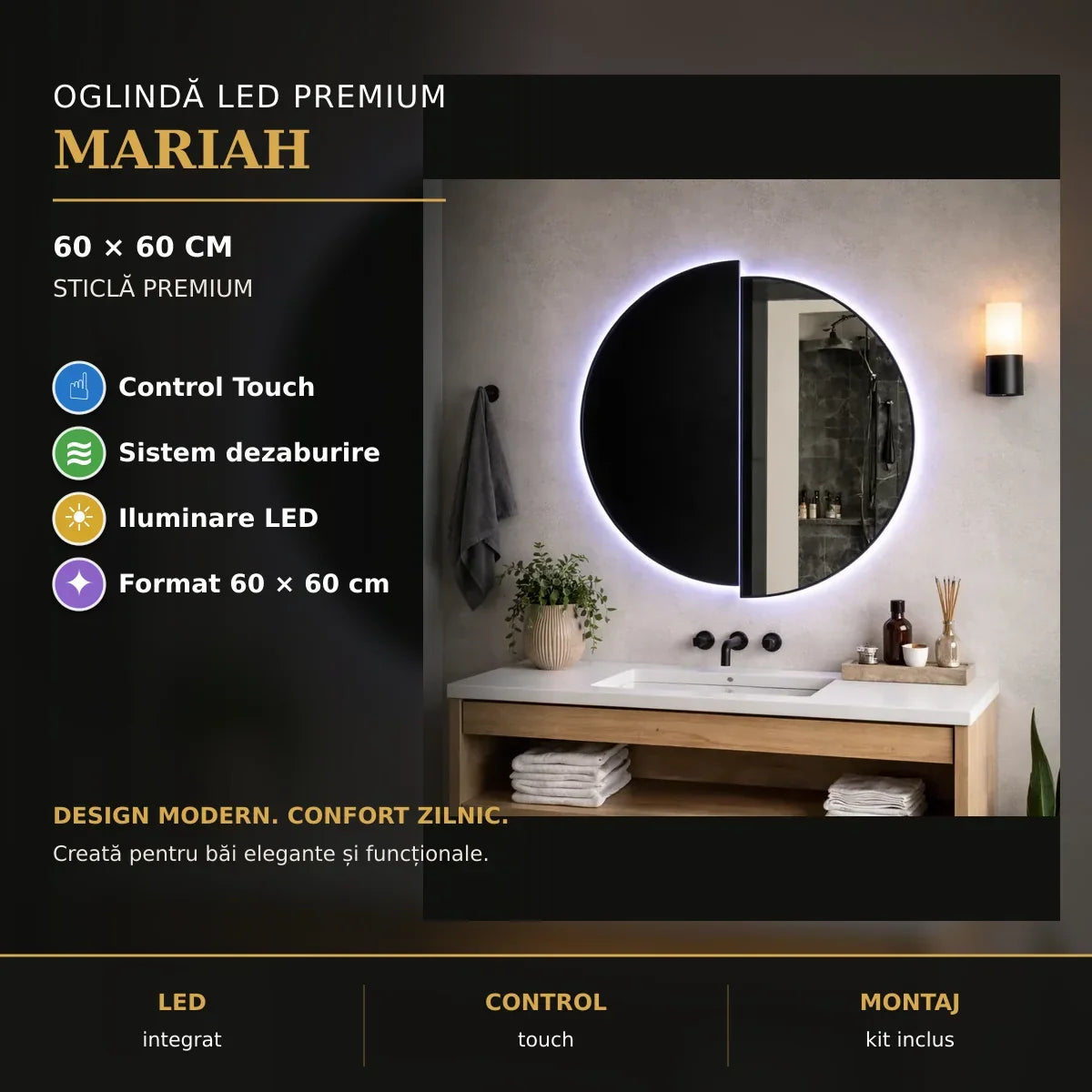 Oglindă LED Mariah 60x60 cm – prezentare premium