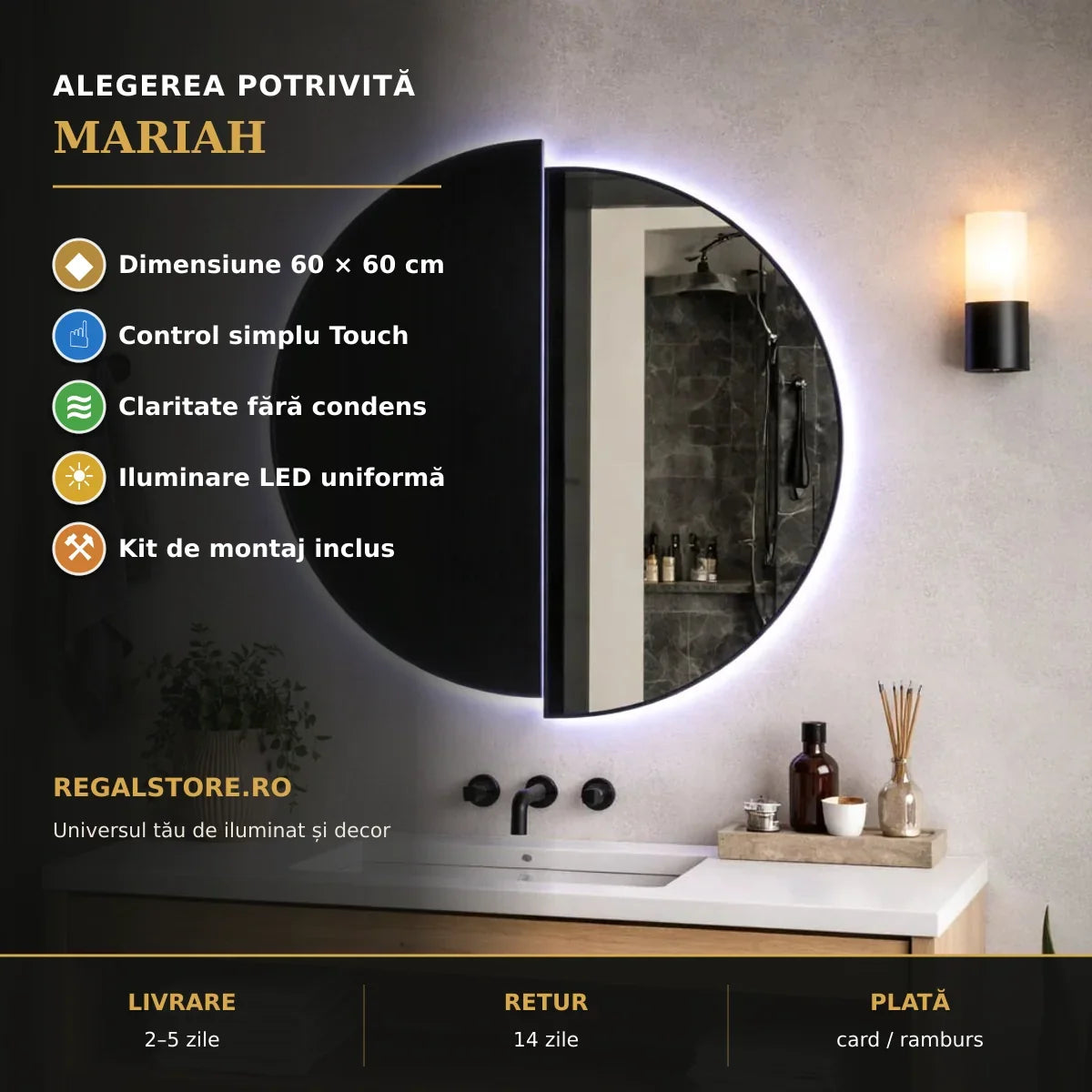 Oglindă LED Mariah 60x60 cm – beneficii