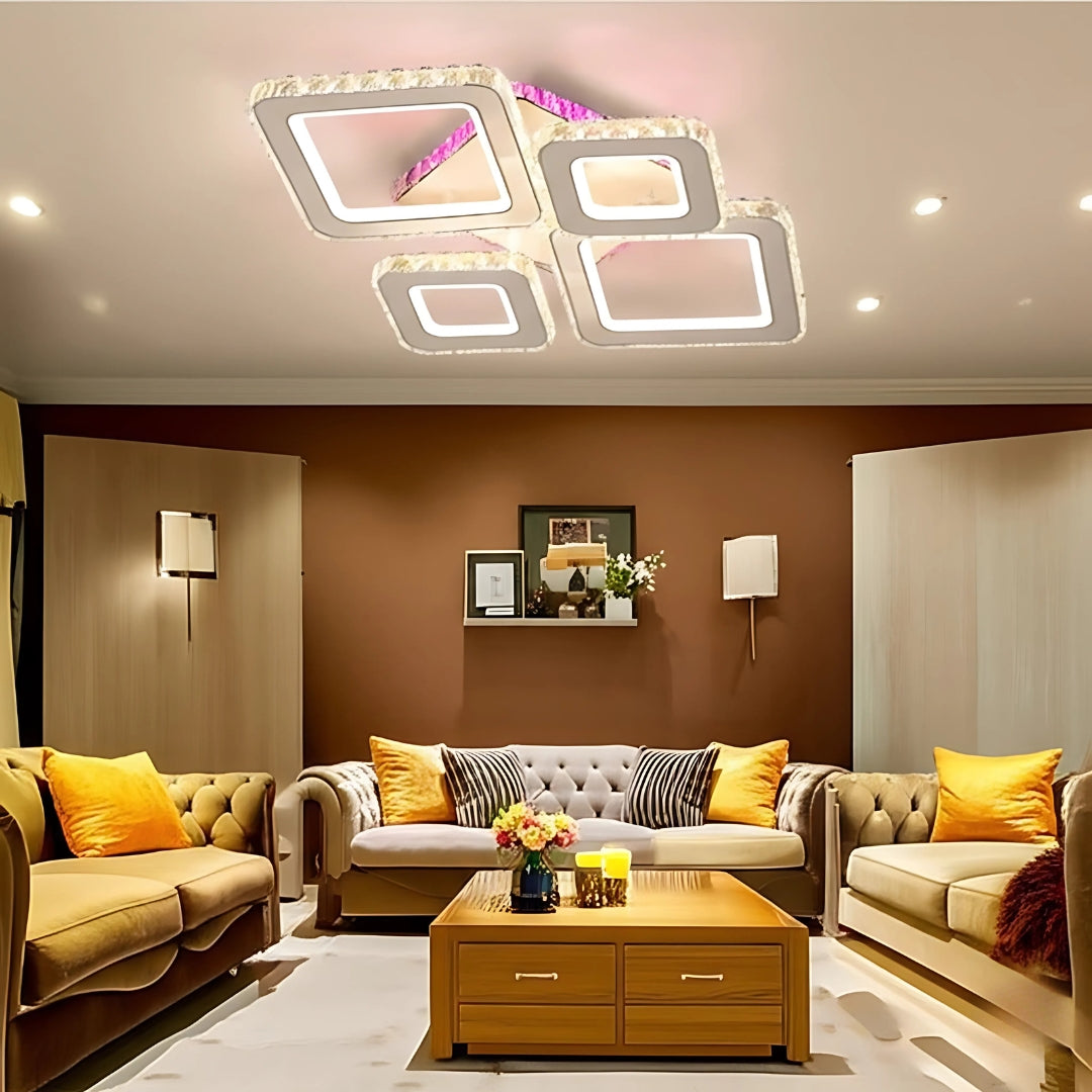 Lustra LED TERRANO cu Cristale, 4 Patrate, RGB, cu Telecomanda, 162W, Alb & Inox