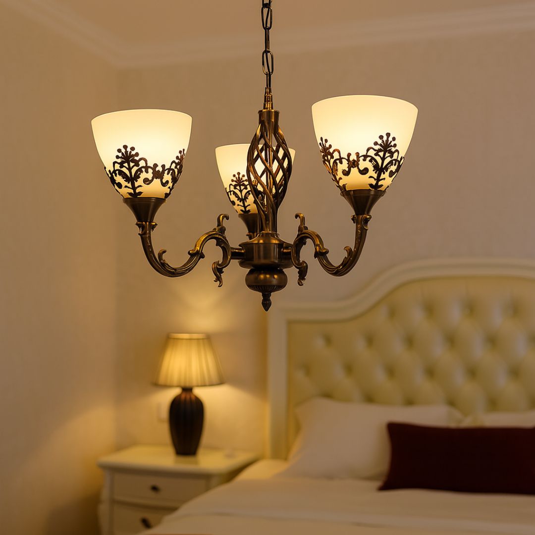 Lustra Rustic COTTAGE, 3*E27, Bronz Antichizat, Metal si Sticla