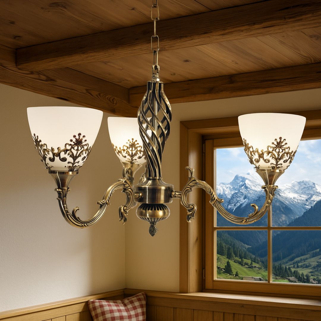 Lustra Rustic COTTAGE, 3*E27, Bronz Antichizat, Metal si Sticla