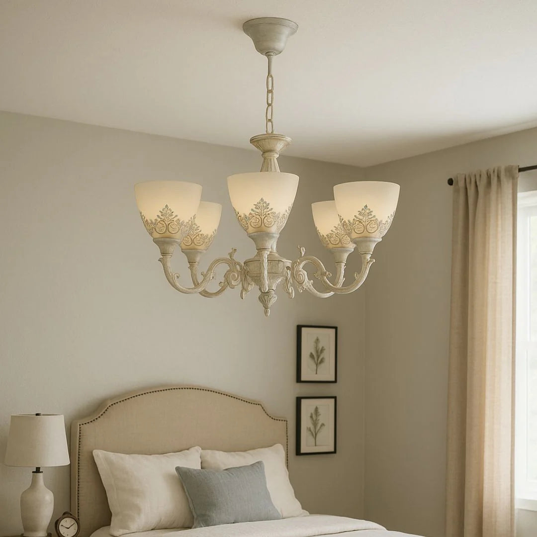 Lustra Rustic COTTAGE, 5*E27, Alb, Metal si Sticla