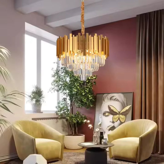 Candelabru Cristal BLOIS Eleganza, Diametru 49cm, 8x E14, Auriu Lucios, Inaltime Reglabila