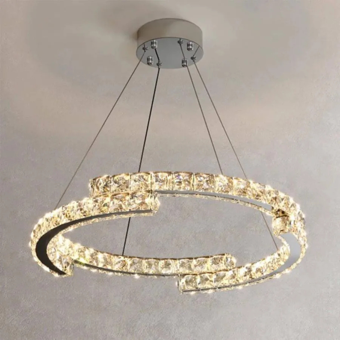 Lustra LED suspendata cu telecomanda si cristal MIA Yonca, 39W, 1 Cerc, lumina Rece/Calda/Neutra, Dimabila, Crom Lucios – RegalStore