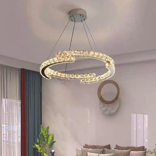 Lustra LED suspendata cu telecomanda si cristal MIA Yonca, 39W, 1 Cerc, lumina Rece/Calda/Neutra, Dimabila, Crom Lucios