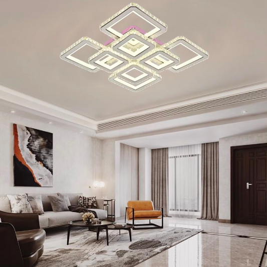 Lustra LED cu telecomanda si cristal LEICA, 237W, 8 Patrate, lumina Rece/Calda/Neutra, Dimabila, Alb